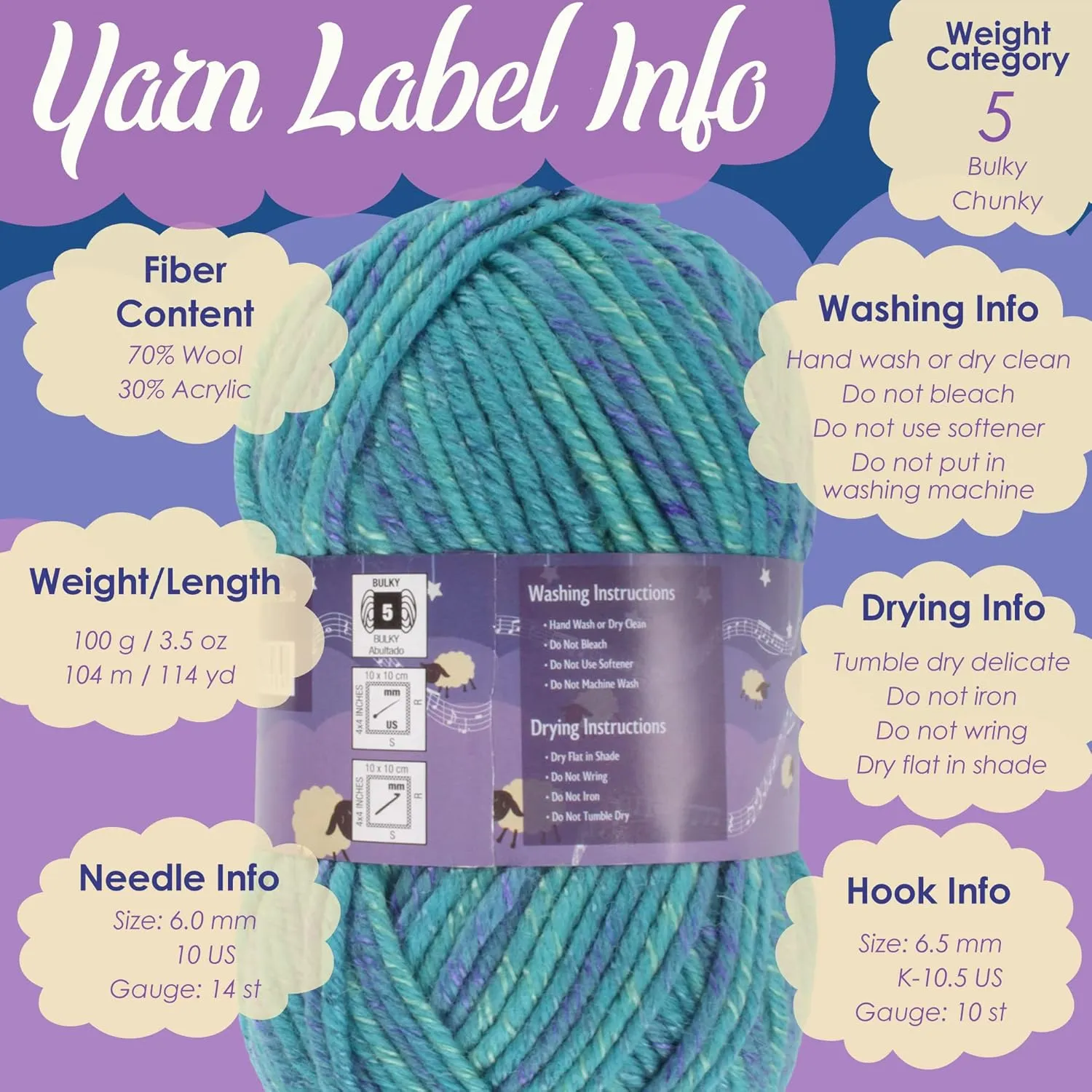 JubileeYarn Chunky Melody Yarn - 100g/Skein Bulky Wool Blend - Jump Rope - 2 Skeins