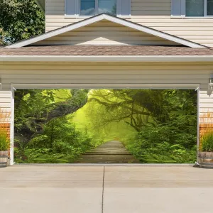 Jungle Forest Garage Door Decorations Greenery Wood Path Lush Forest Spring Nature Garage Door Cover Banner for Outdoor Picnic Hiking Camping Picture Birthday Wedding Banner 16x7ft Polyester