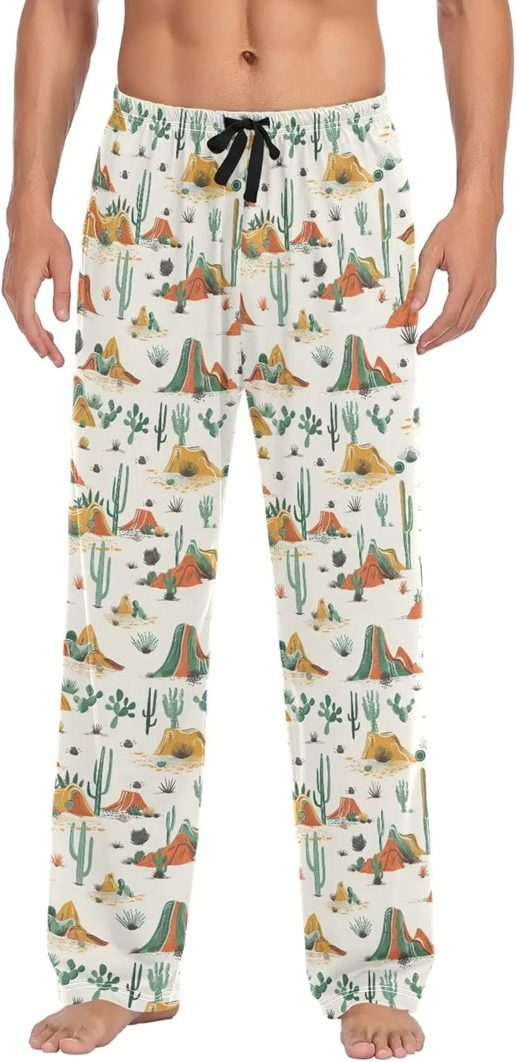 JUNZAN Retro Western Cacti Desert Thin Pajama Pants for Men with Pockets Drawstring Men Pyjama Pants for Autumn Sleeping S