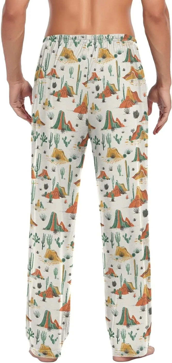 JUNZAN Retro Western Cacti Desert Thin Pajama Pants for Men with Pockets Drawstring Men Pyjama Pants for Autumn Sleeping S