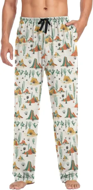 JUNZAN Retro Western Cacti Desert Thin Pajama Pants for Men with Pockets Drawstring Men Pyjama Pants for Autumn Sleeping S
