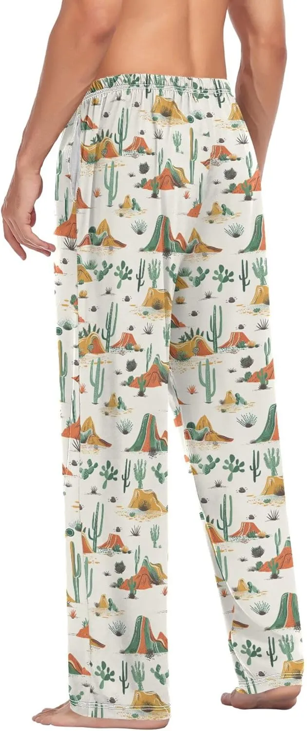 JUNZAN Retro Western Cacti Desert Thin Pajama Pants for Men with Pockets Drawstring Men Pyjama Pants for Autumn Sleeping S
