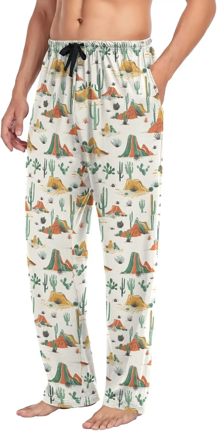 JUNZAN Retro Western Cacti Desert Thin Pajama Pants for Men with Pockets Drawstring Men Pyjama Pants for Autumn Sleeping S