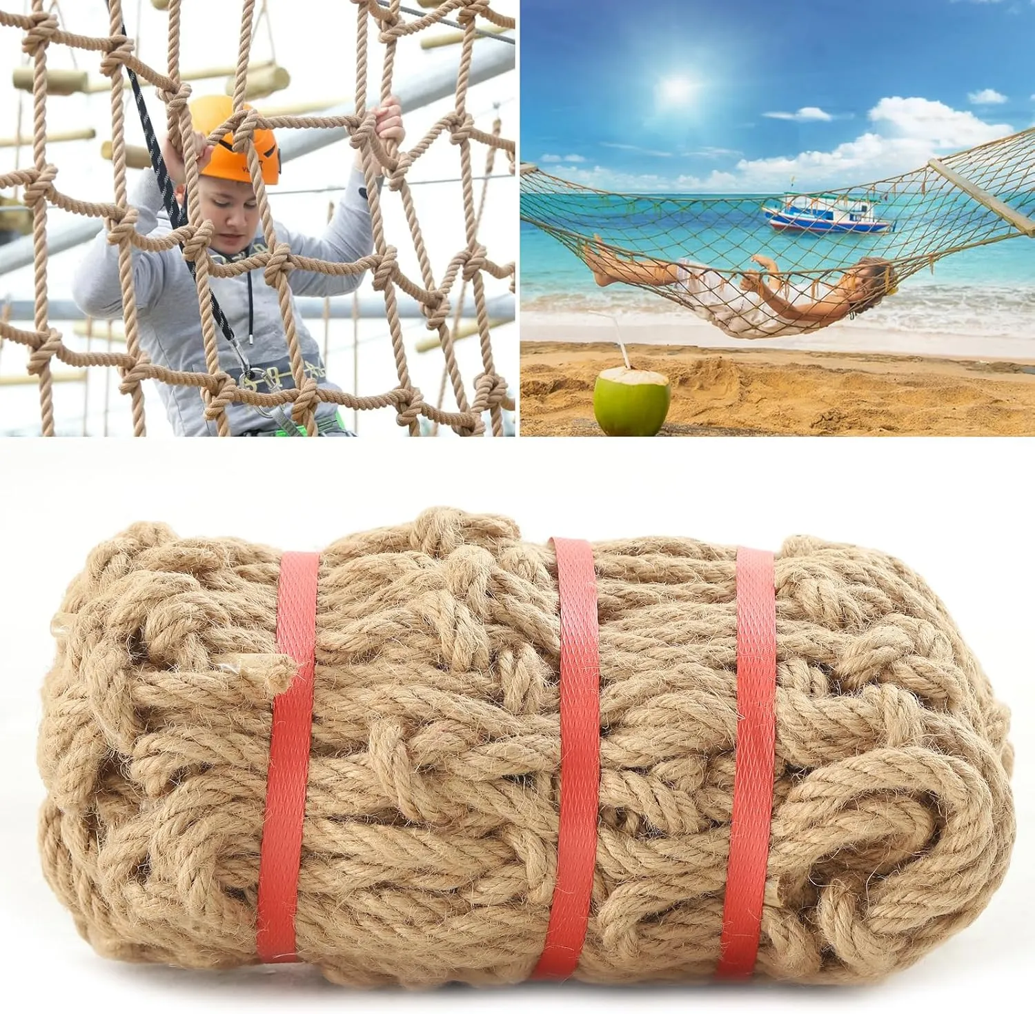 Jute Hemp Rope Net (4ftx8ft), Heavy Duty Natural Climbing Safety Rope Netting Balcony Stairs Fence Garden Playground Protection Net Indoor & Outdoor Decor Rope Net