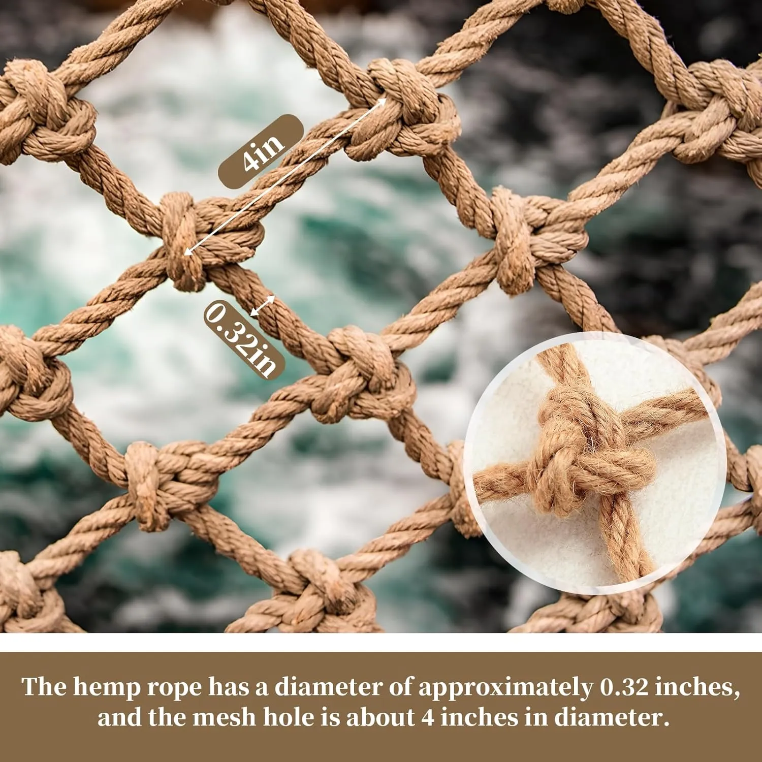Jute Hemp Rope Net (4ftx8ft), Heavy Duty Natural Climbing Safety Rope Netting Balcony Stairs Fence Garden Playground Protection Net Indoor & Outdoor Decor Rope Net