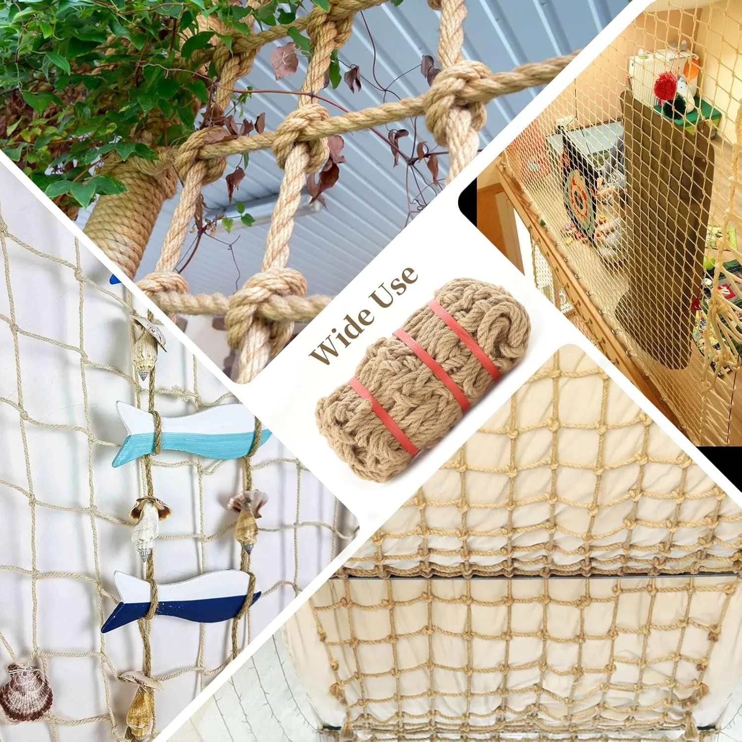 Jute Hemp Rope Net (4ftx8ft), Heavy Duty Natural Climbing Safety Rope Netting Balcony Stairs Fence Garden Playground Protection Net Indoor & Outdoor Decor Rope Net