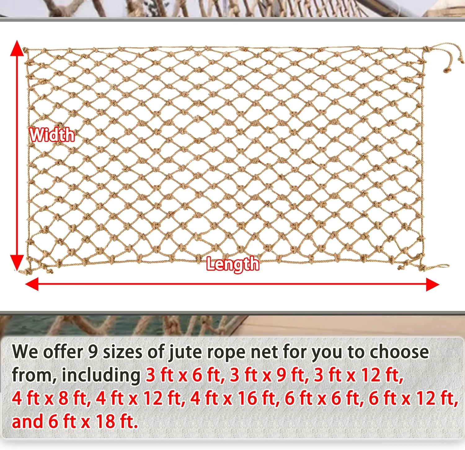 Jute Hemp Rope Nets for Safety and Decoration: Indoor & Outdoor Use, Kids' Climbing, and Versatile Protection (3ft x 12ft)