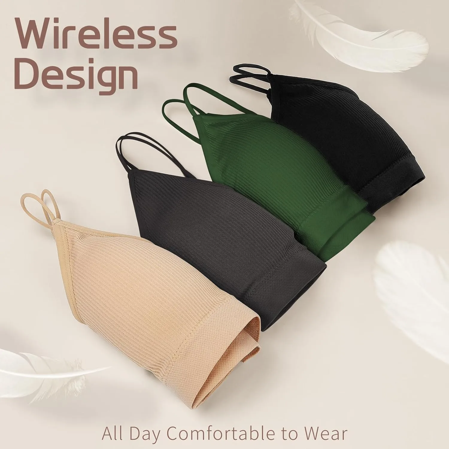 KCDDUMK 4 Pieces Cami Bras - Women's V-Neck Padded Seamless Straps Bralette Everyday Basic Sleeping Bra