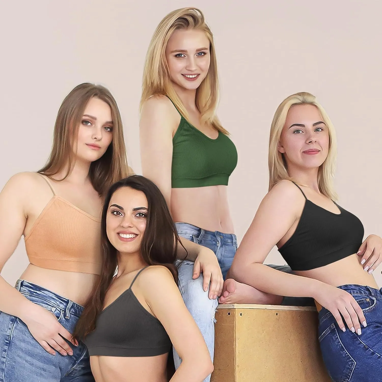 KCDDUMK 4 Pieces Cami Bras - Women's V-Neck Padded Seamless Straps Bralette Everyday Basic Sleeping Bra