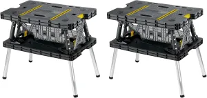 Keter Folding Portable Table Tool Stand Workbench with 2 12" Wood Clamps for Miter Saws, Home Improvement, and Construction, Black & Yellow (2 Pack)