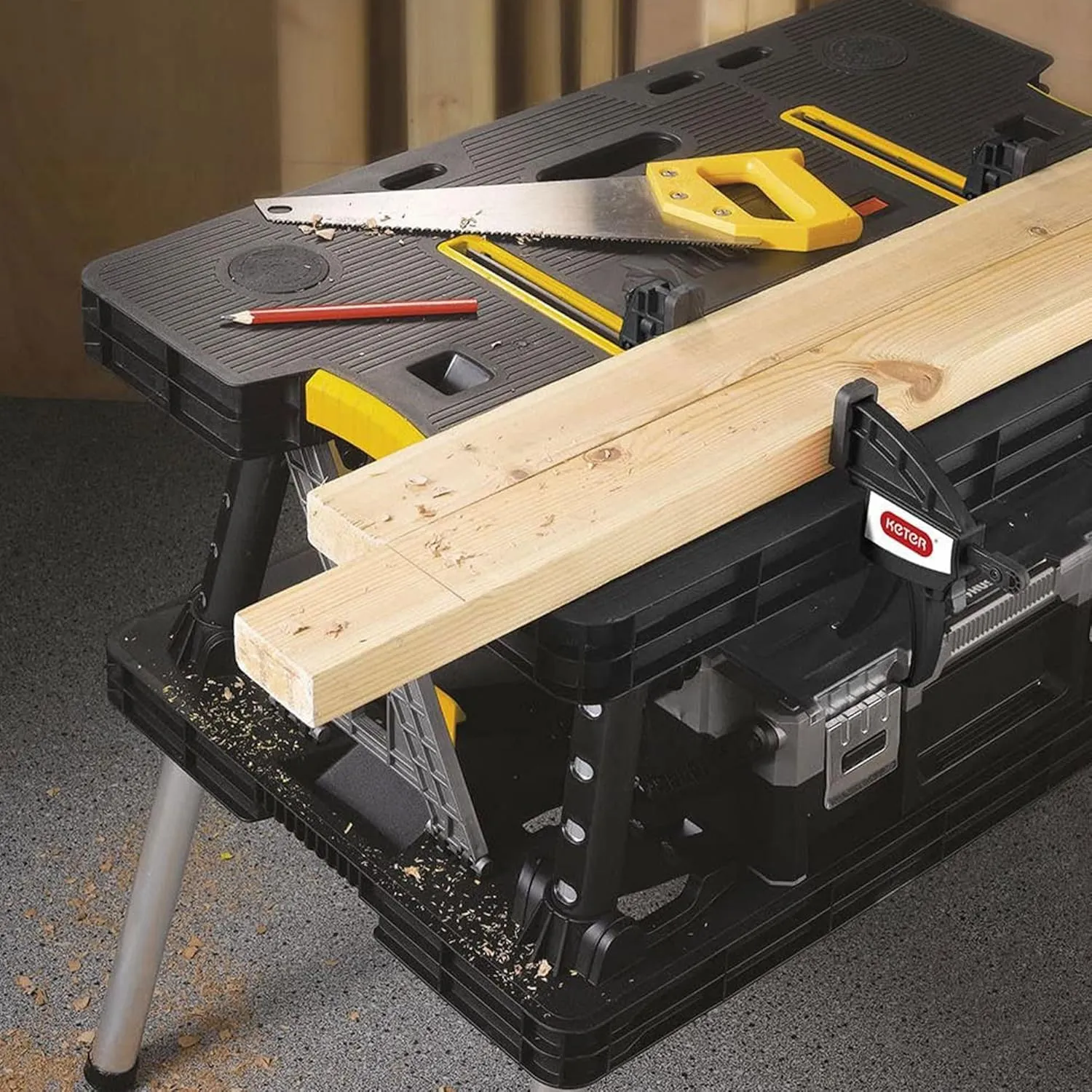 Keter Folding Portable Table Tool Stand Workbench with 2 12" Wood Clamps for Miter Saws, Home Improvement, and Construction, Black & Yellow (2 Pack)