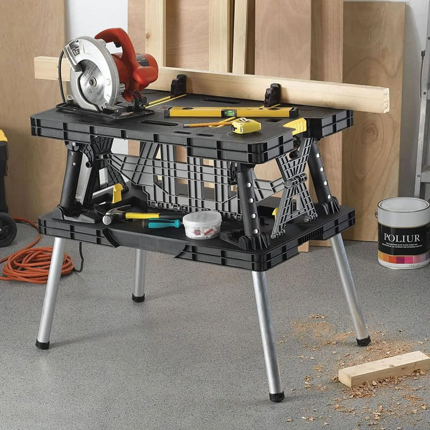Keter Folding Portable Table Tool Stand Workbench with 2 12" Wood Clamps for Miter Saws, Home Improvement, and Construction, Black & Yellow (2 Pack)