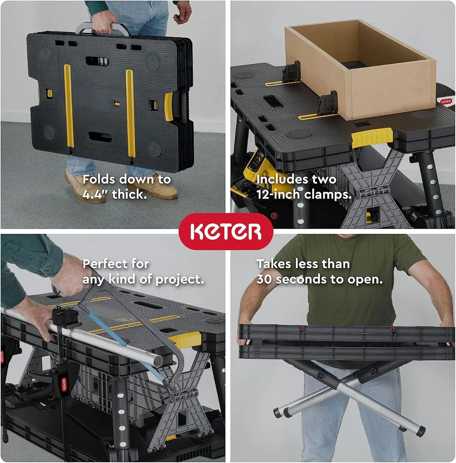 Keter Folding Portable Table Tool Stand Workbench with 2 12" Wood Clamps for Miter Saws, Home Improvement, and Construction, Black & Yellow (2 Pack)