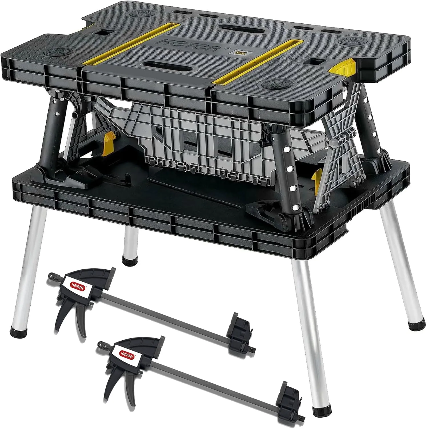 Keter Folding Portable Table Tool Stand Workbench with 2 12" Wood Clamps for Miter Saws, Home Improvement, and Construction, Black & Yellow (2 Pack)