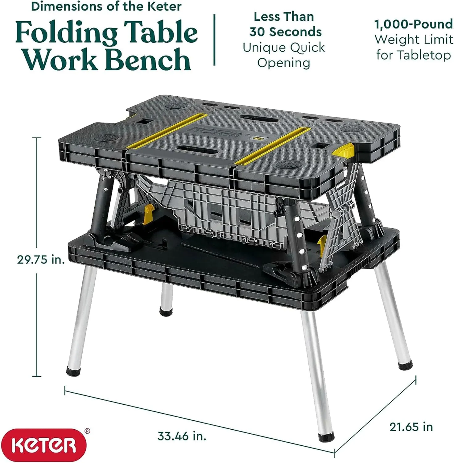 Keter Folding Portable Table Tool Stand Workbench with 2 12" Wood Clamps for Miter Saws, Home Improvement, and Construction, Black & Yellow (2 Pack)