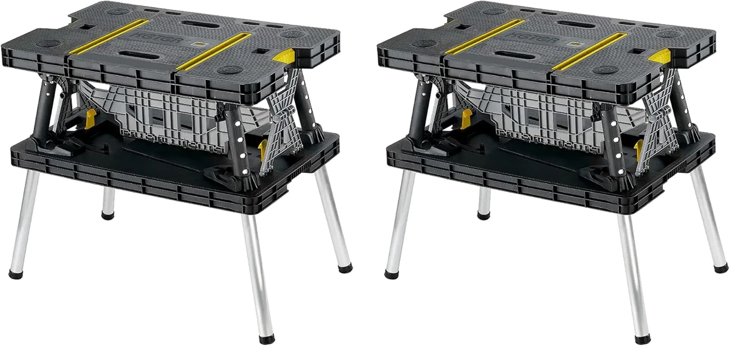Keter Folding Portable Table Tool Stand Workbench with 2 12" Wood Clamps for Miter Saws, Home Improvement, and Construction, Black & Yellow (2 Pack)