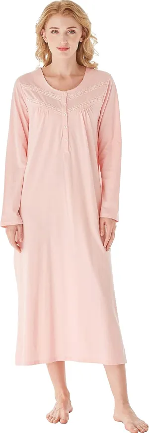 Keyocean Nightgowns for Women, Soft Cotton Comfortable Lightweight Long-Sleeve Ladies Night Dresses
