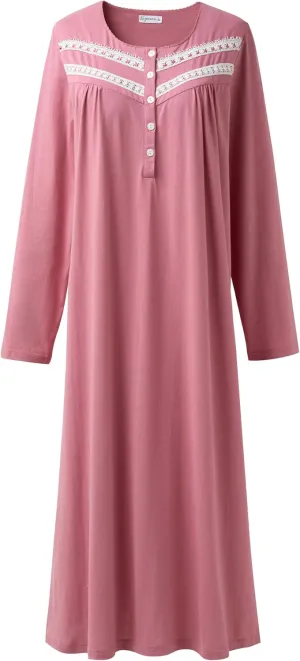 Keyocean Nightgowns for Women, Soft Cotton Comfortable Lightweight Long-Sleeve Ladies Night Dresses