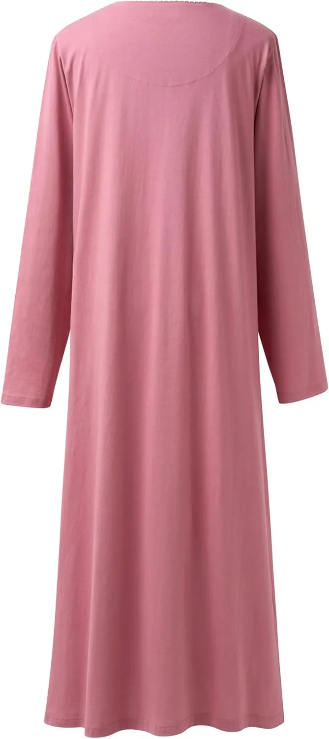 Keyocean Nightgowns for Women, Soft Cotton Comfortable Lightweight Long-Sleeve Ladies Night Dresses