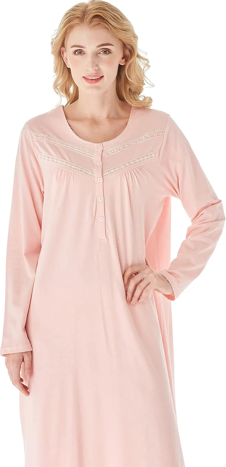Keyocean Nightgowns for Women, Soft Cotton Comfortable Lightweight Long-Sleeve Ladies Night Dresses