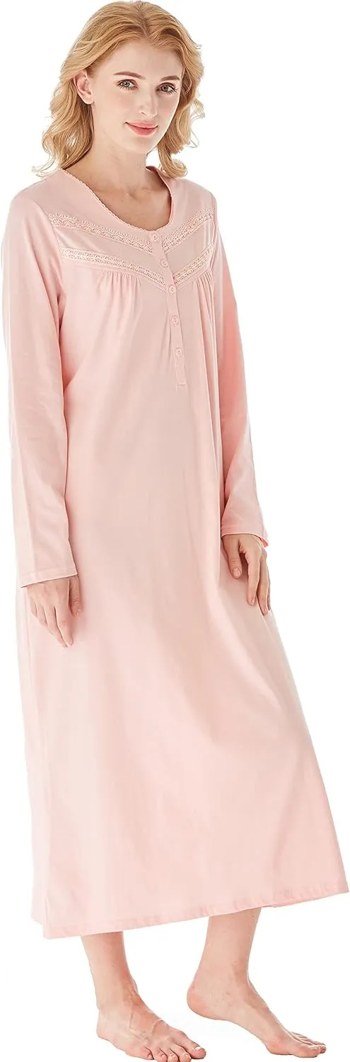 Keyocean Nightgowns for Women, Soft Cotton Comfortable Lightweight Long-Sleeve Ladies Night Dresses