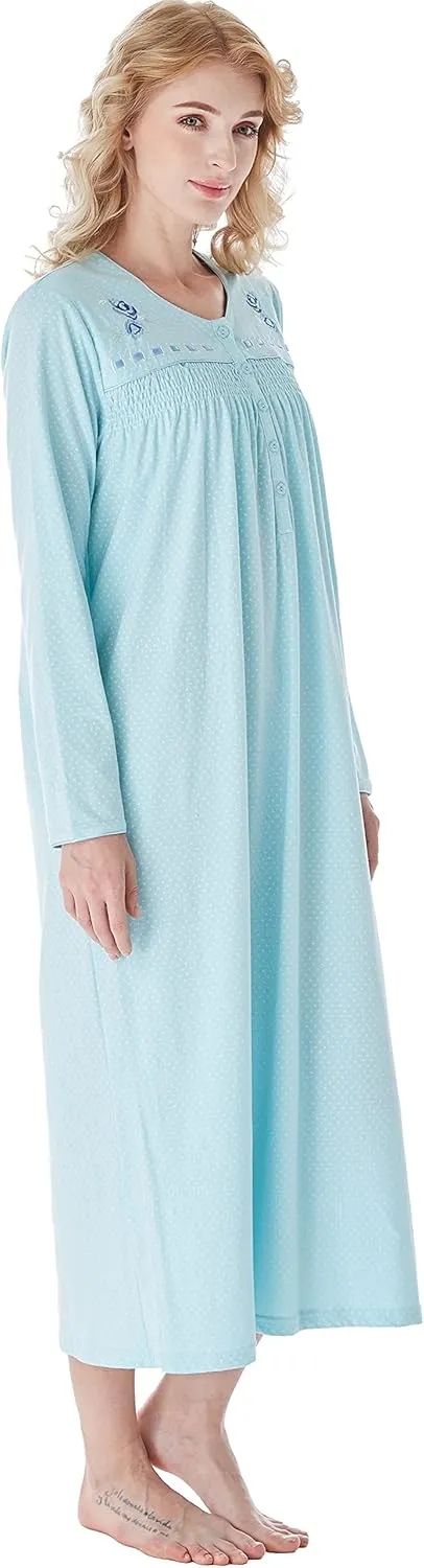 Keyocean Nightgowns for Women, Soft Cotton Comfy Lightweight Embroidered Long-sleeve Nightdress