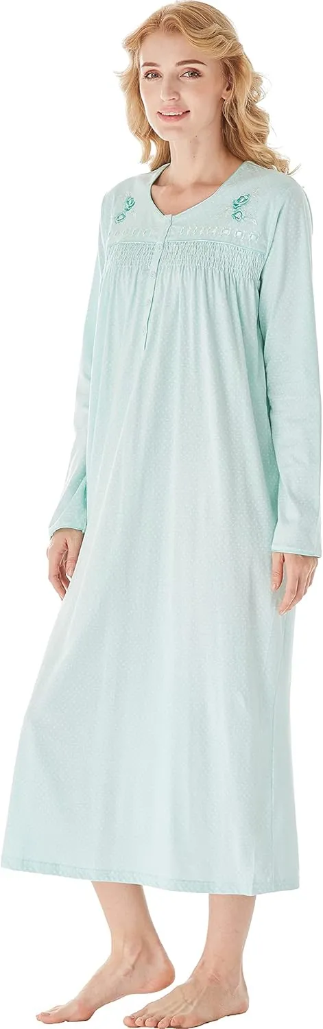 Keyocean Nightgowns for Women, Soft Cotton Comfy Lightweight Embroidered Long-sleeve Nightdress