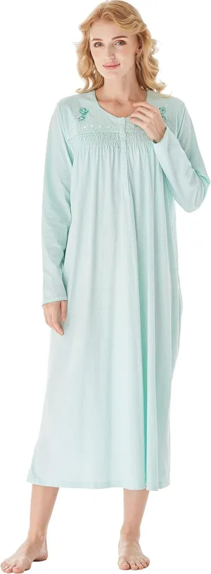 Keyocean Nightgowns for Women, Soft Cotton Comfy Lightweight Embroidered Long-sleeve Nightdress