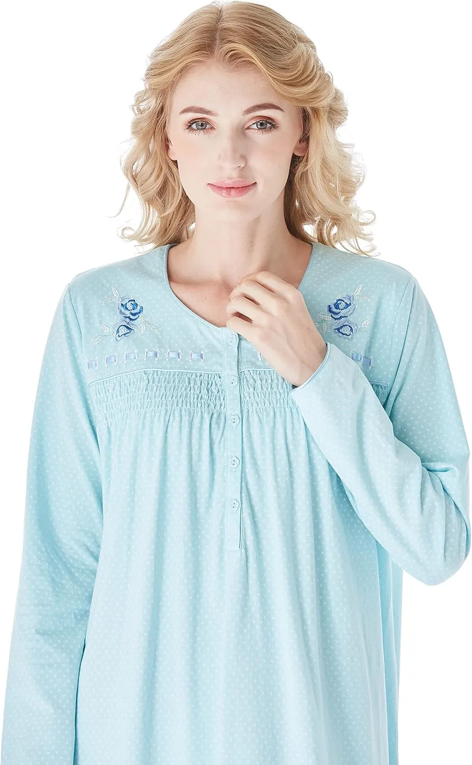 Keyocean Nightgowns for Women, Soft Cotton Comfy Lightweight Embroidered Long-sleeve Nightdress