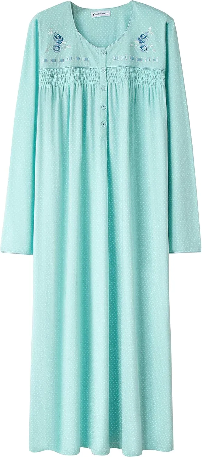 Keyocean Nightgowns for Women, Soft Cotton Comfy Lightweight Embroidered Long-sleeve Nightdress