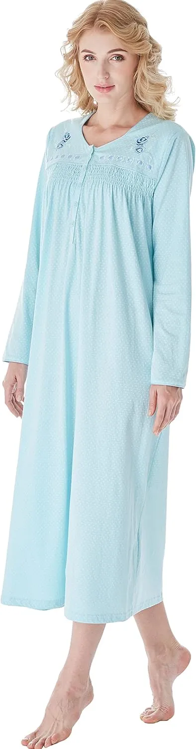 Keyocean Nightgowns for Women, Soft Cotton Comfy Lightweight Embroidered Long-sleeve Nightdress