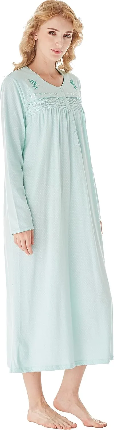 Keyocean Nightgowns for Women, Soft Cotton Comfy Lightweight Embroidered Long-sleeve Nightdress