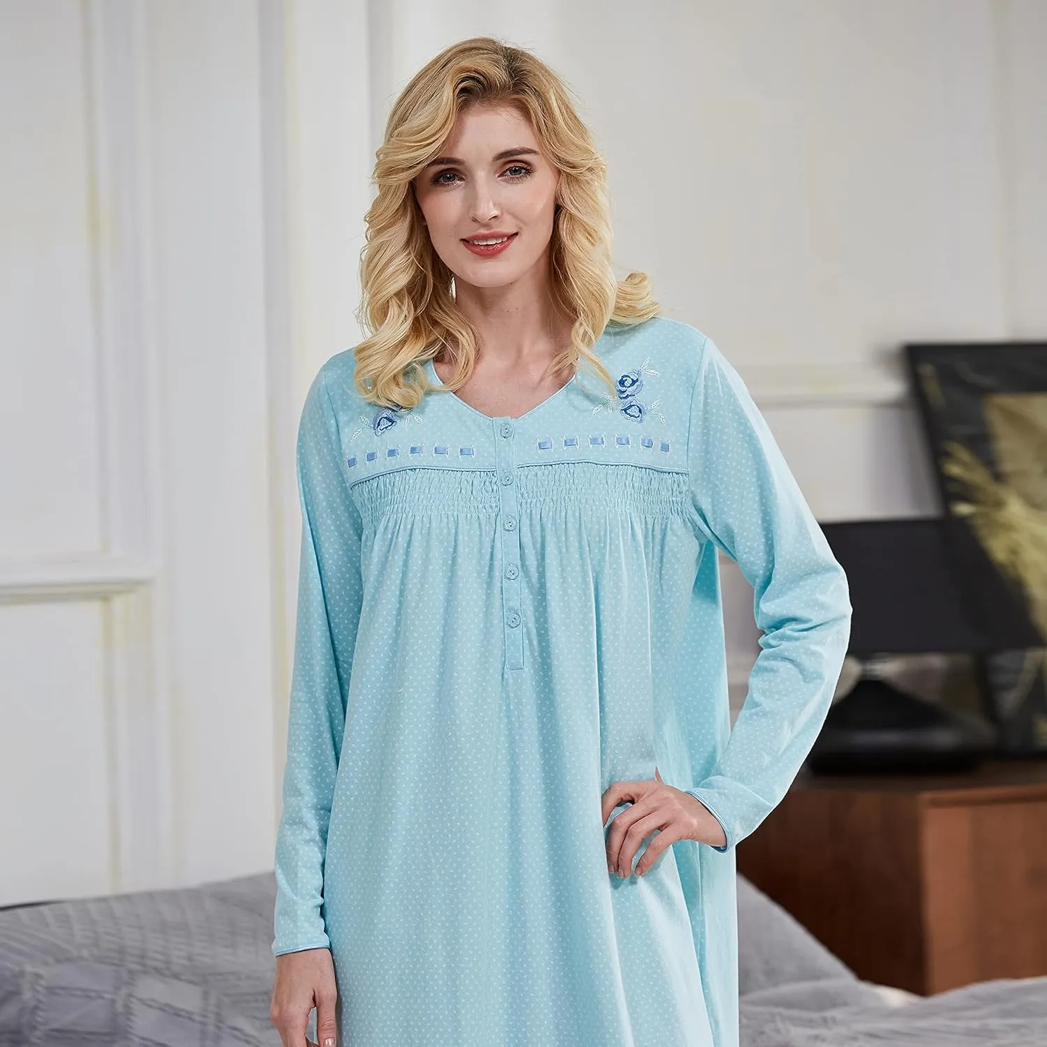 Keyocean Nightgowns for Women, Soft Cotton Comfy Lightweight Embroidered Long-sleeve Nightdress