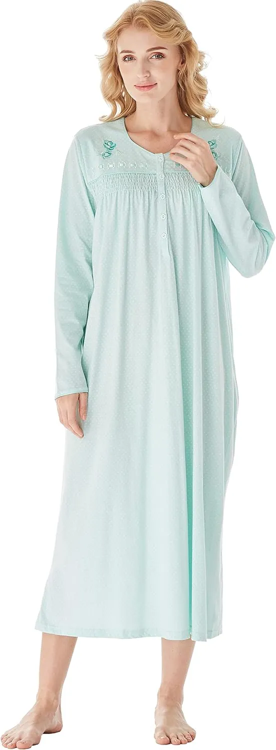 Keyocean Nightgowns for Women, Soft Cotton Comfy Lightweight Embroidered Long-sleeve Nightdress