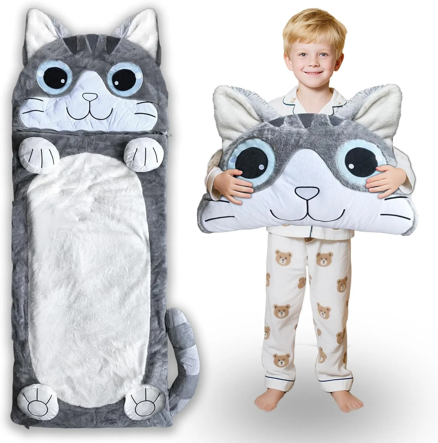 Kid Sleeping Bag with Pillow - Larger Toddler Nap Mat - Plush Slumber Bag for Boys Girls Daycare Preschool Kindergarten Birthday Gift Travel Sleepover Ages 3-12 Years