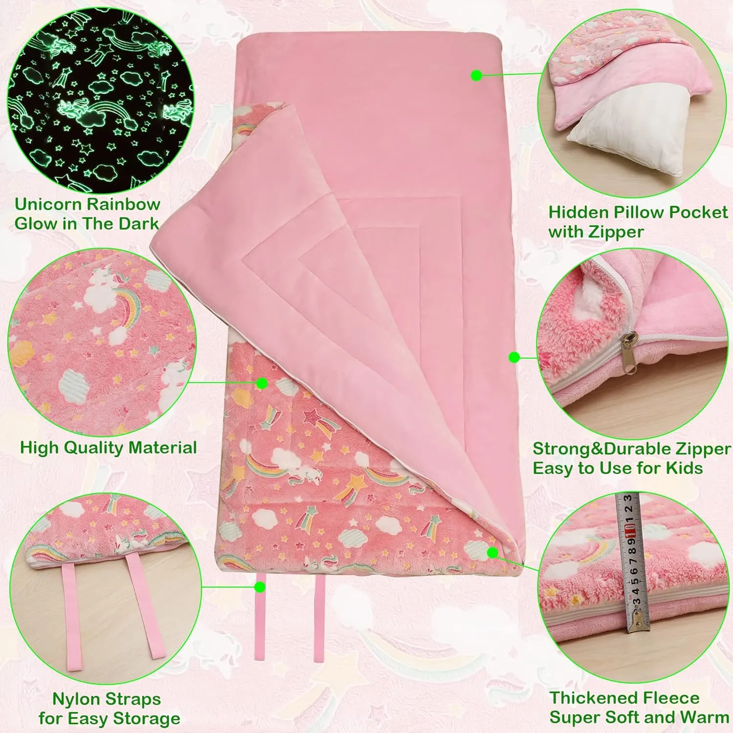 Kids Sleeping Bag for Girls Boys Glow in The Dark Toddler Slumber Bag Luminous Soft Sleepover Bag Nap Mat Preschool Daycare Kindergarten Slumber Sack with Pillow Pocket