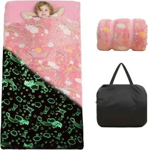 Kids Sleeping Bag for Girls Boys Glow in The Dark Toddler Slumber Bag Luminous Soft Sleepover Bag Nap Mat Preschool Daycare Kindergarten Slumber Sack with Pillow Pocket