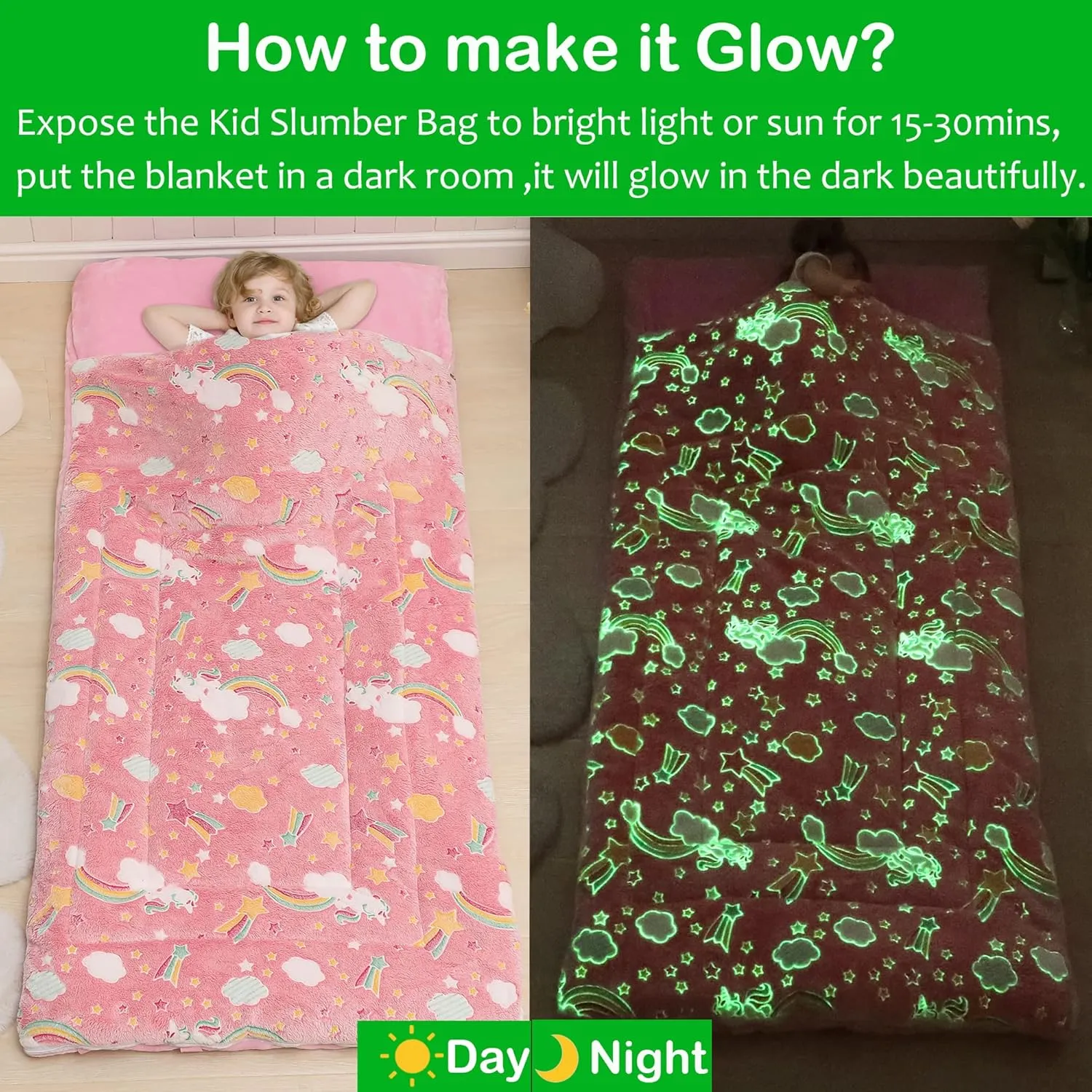 Kids Sleeping Bag for Girls Boys Glow in The Dark Toddler Slumber Bag Luminous Soft Sleepover Bag Nap Mat Preschool Daycare Kindergarten Slumber Sack with Pillow Pocket