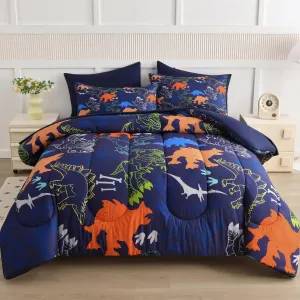 Kids Twin Comforter Sets 4 Pieces Bed in a Bag,Dinosaur Pattern Navy Blue Twin Bedding Set for Boys Girls,Soft Microfiber Comforter with Sheet Set,All Season Bed Set(Navy Blue,68"x88")