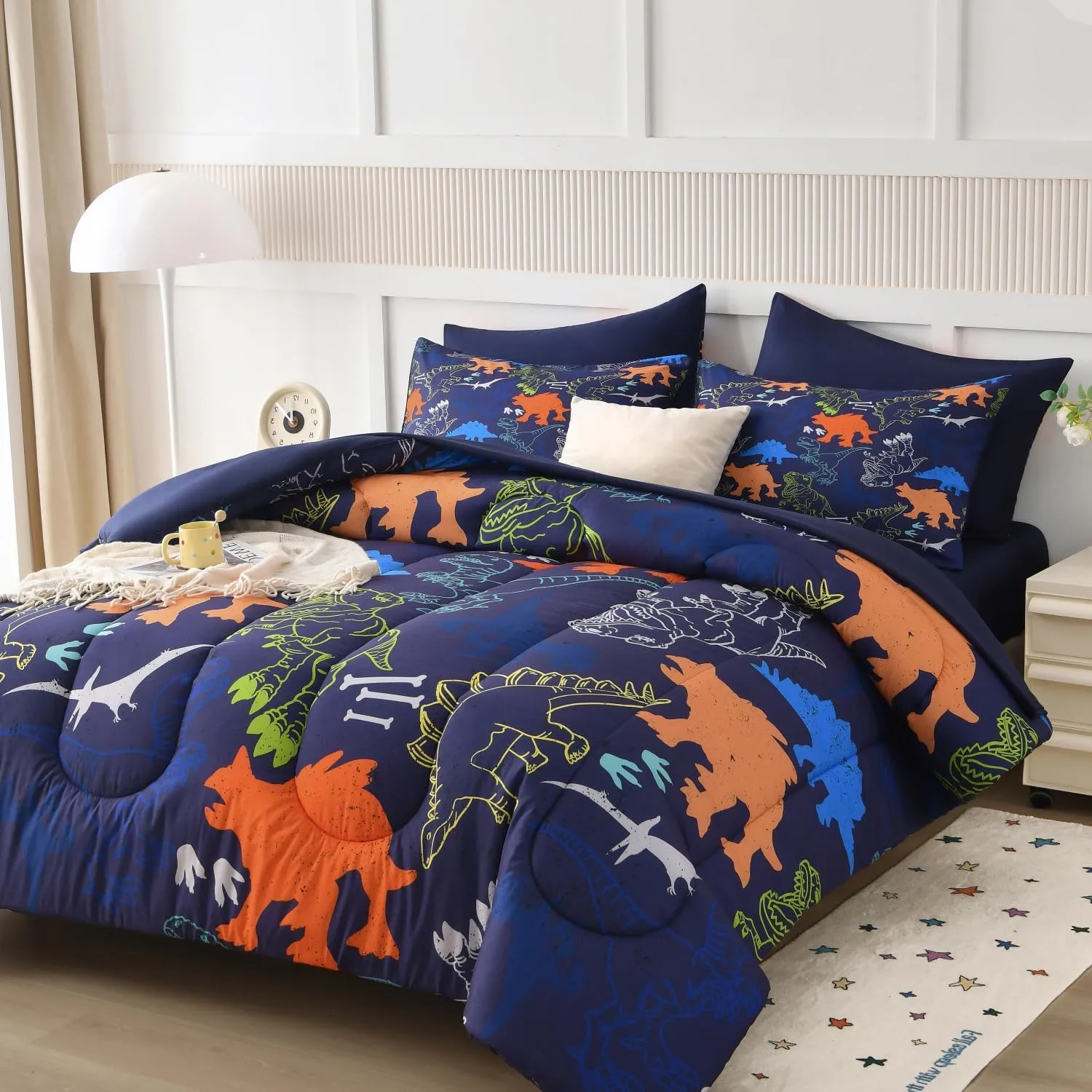 Kids Twin Comforter Sets 4 Pieces Bed in a Bag,Dinosaur Pattern Navy Blue Twin Bedding Set for Boys Girls,Soft Microfiber Comforter with Sheet Set,All Season Bed Set(Navy Blue,68"x88")
