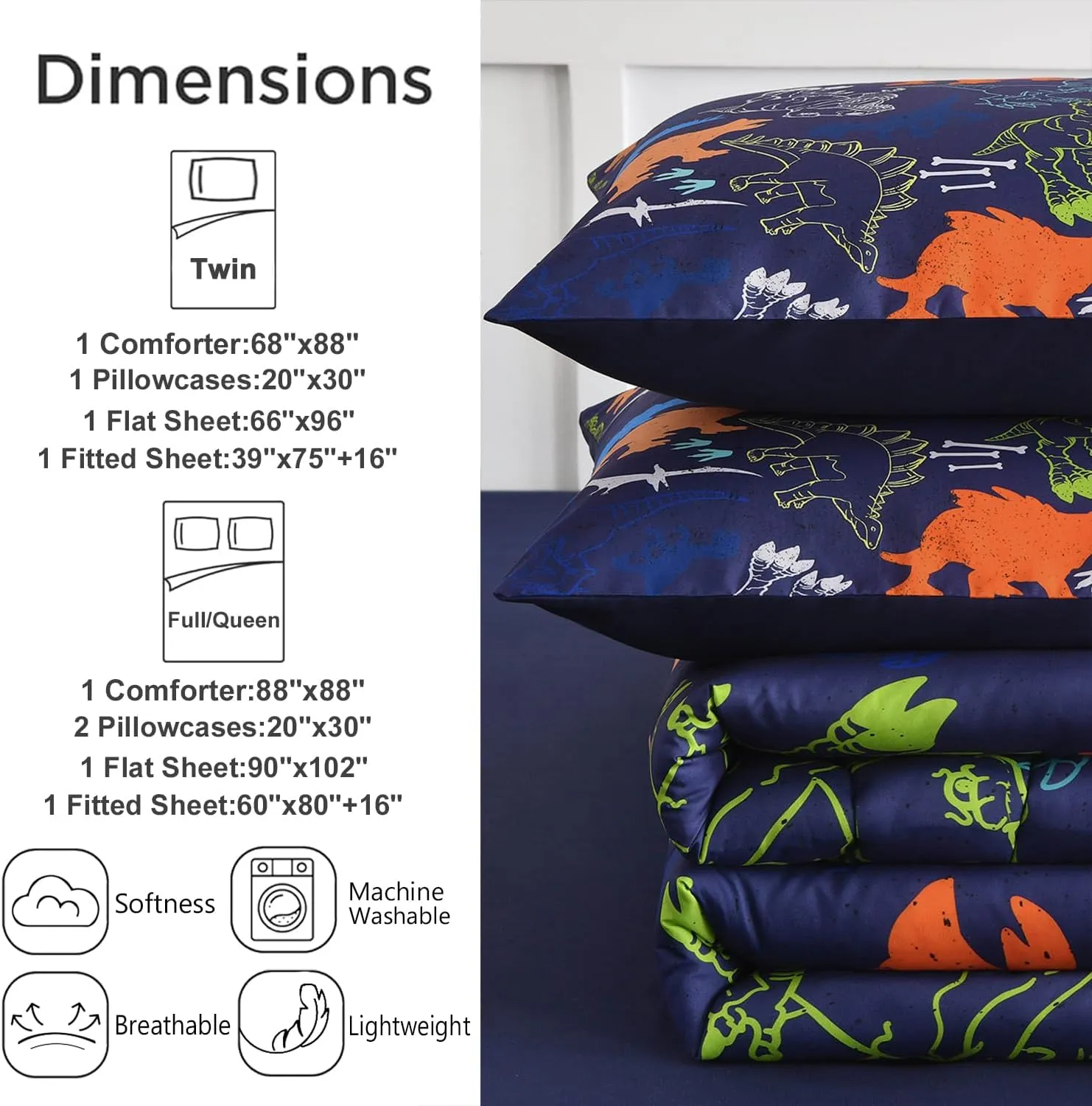 Kids Twin Comforter Sets 4 Pieces Bed in a Bag,Dinosaur Pattern Navy Blue Twin Bedding Set for Boys Girls,Soft Microfiber Comforter with Sheet Set,All Season Bed Set(Navy Blue,68"x88")