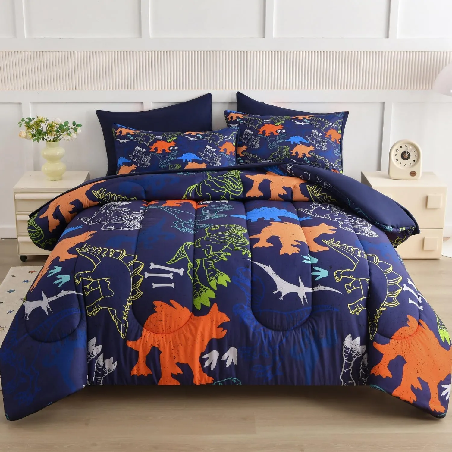 Kids Twin Comforter Sets 4 Pieces Bed in a Bag,Dinosaur Pattern Navy Blue Twin Bedding Set for Boys Girls,Soft Microfiber Comforter with Sheet Set,All Season Bed Set(Navy Blue,68"x88")