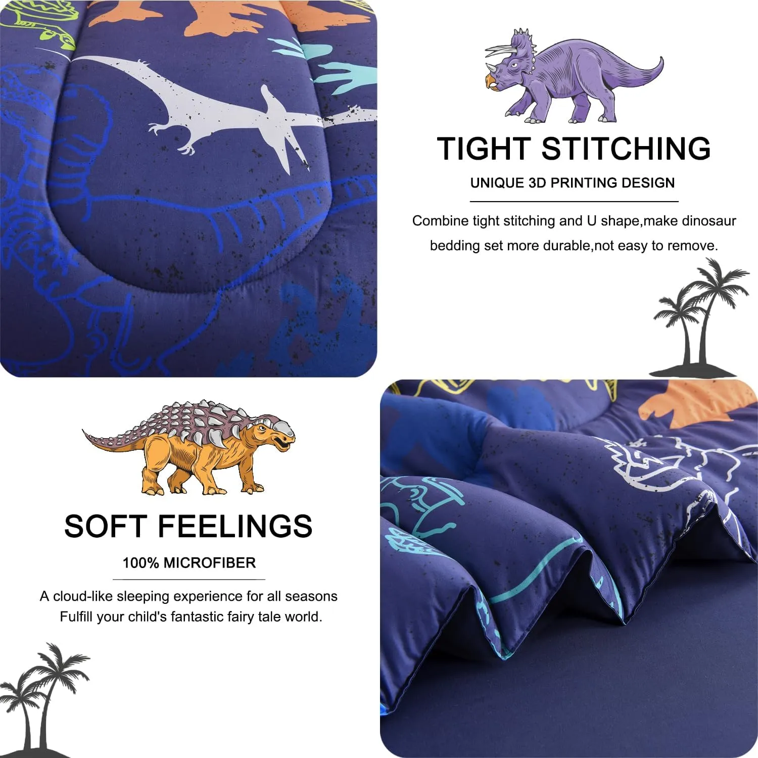 Kids Twin Comforter Sets 4 Pieces Bed in a Bag,Dinosaur Pattern Navy Blue Twin Bedding Set for Boys Girls,Soft Microfiber Comforter with Sheet Set,All Season Bed Set(Navy Blue,68"x88")