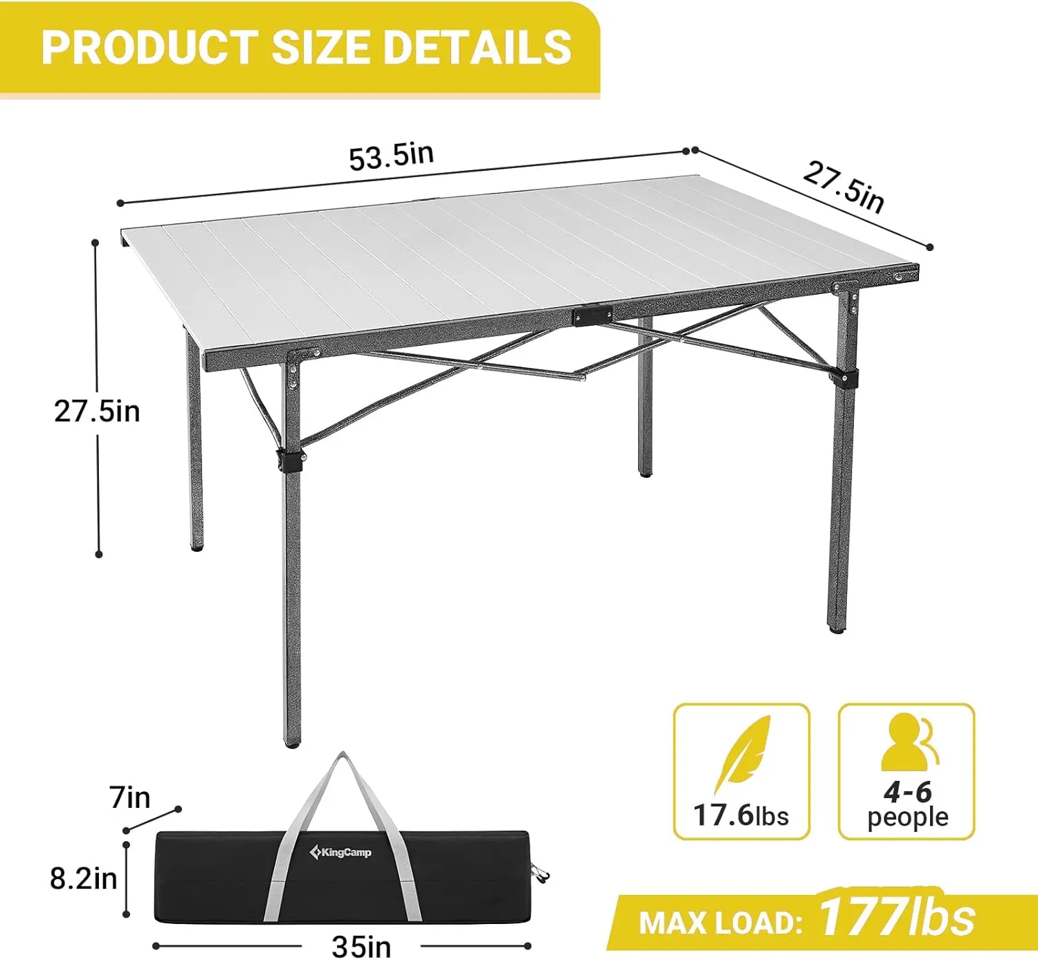 KingCamp Aluminum Folding Camp Table - Lightweight, Portable, Roll Up for Outdoor Camping, Picnic, Barbecue
