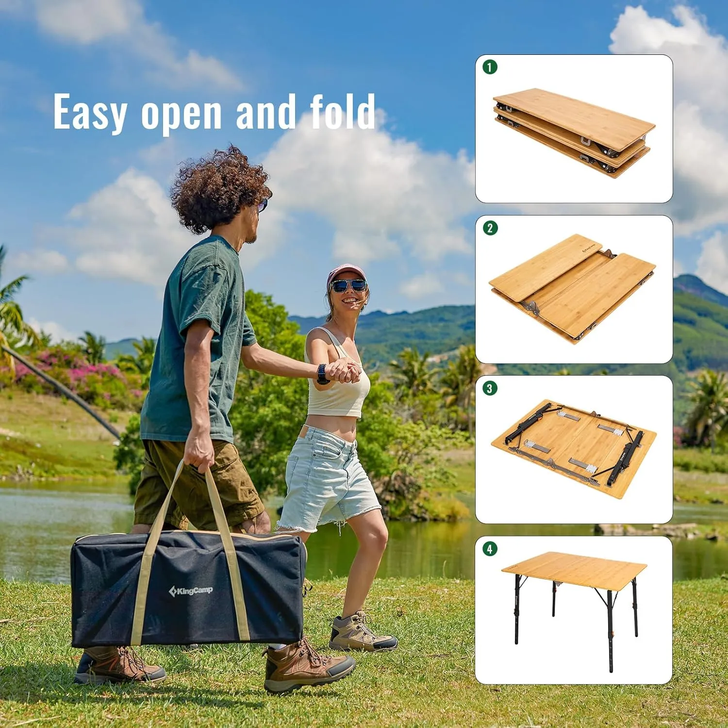 KingCamp Bamboo Folding Table, 4-Fold Camping Adjustable Height Portable Outdoor Lightweight & Compact Table with Aluminum Frame for RV Picnic BBQ Tailgating