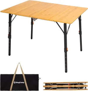 KingCamp Bamboo Folding Table, 4-Fold Camping Adjustable Height Portable Outdoor Lightweight & Compact Table with Aluminum Frame for RV Picnic BBQ Tailgating