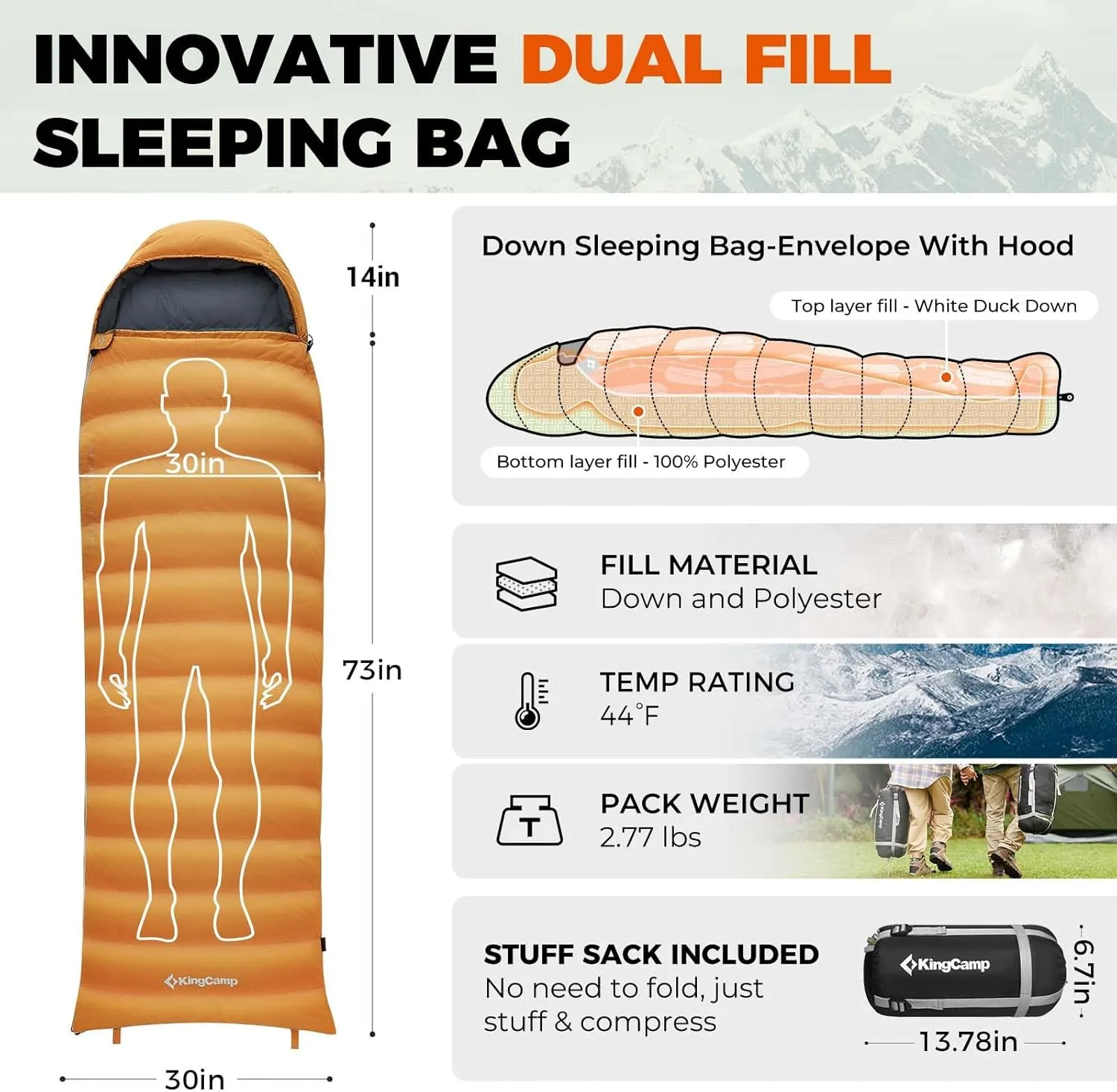 KingCamp Down Sleeping Bag for Adults, 600 FP Cold Weather 3-4 Season Sleeping Bag, Ultralight & Compact with Compression Sack for Backpacking, Camping, Hiking