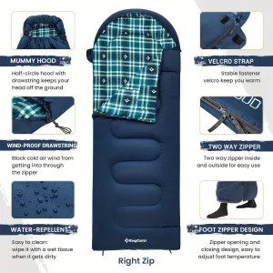 KingCamp Expedition Flannel Lined Sleeping Bag for Big and Tall Adults - Ultra-Warm, Water-Resistant, and Lightweight for 3-4 Season Camping, Backpacking, and Hiking - Ideal for Cold Weather Adventures