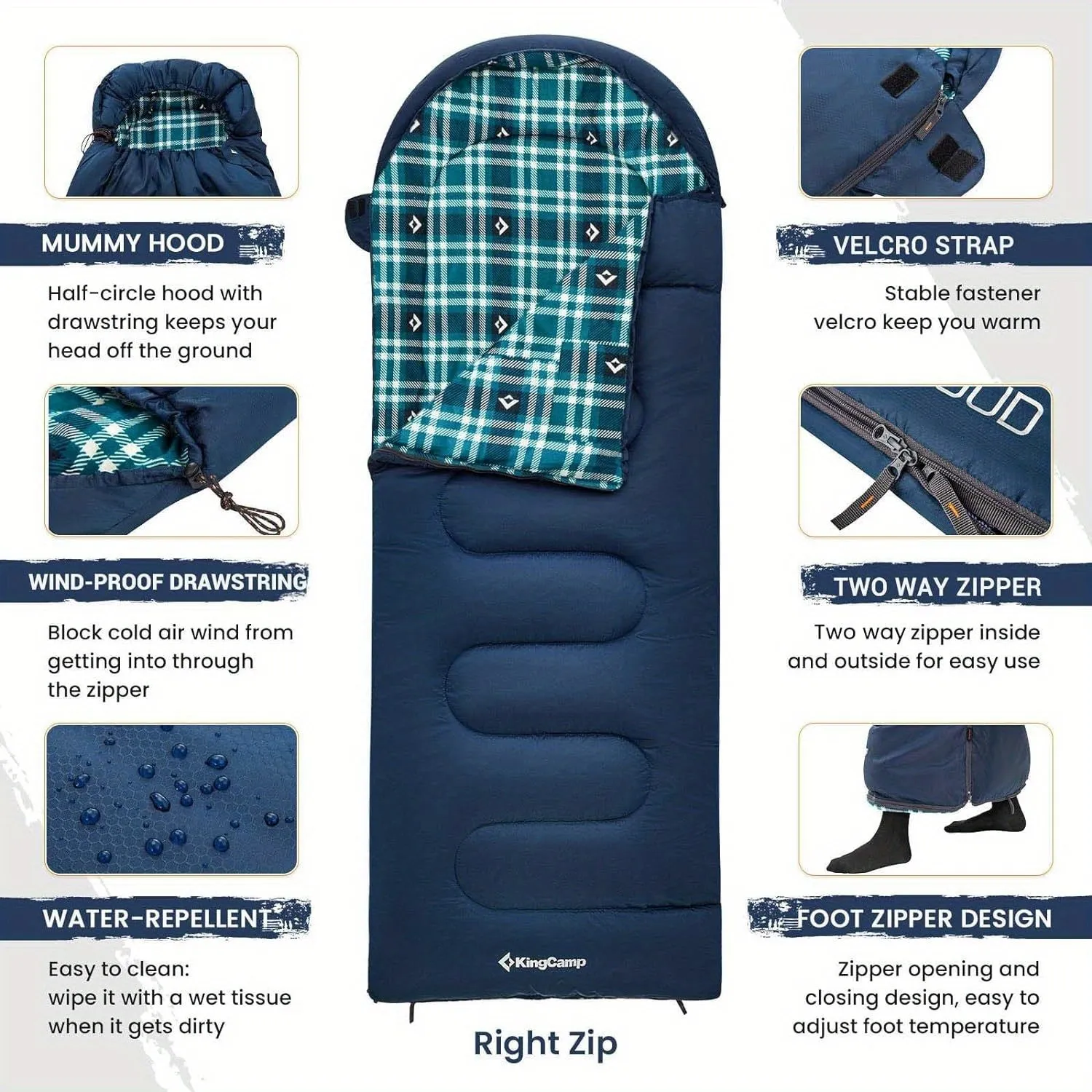 KingCamp Expedition Flannel Lined Sleeping Bag for Big and Tall Adults - Ultra-Warm, Water-Resistant, and Lightweight for 3-4 Season Camping, Backpacking, and Hiking - Ideal for Cold Weather Adventures