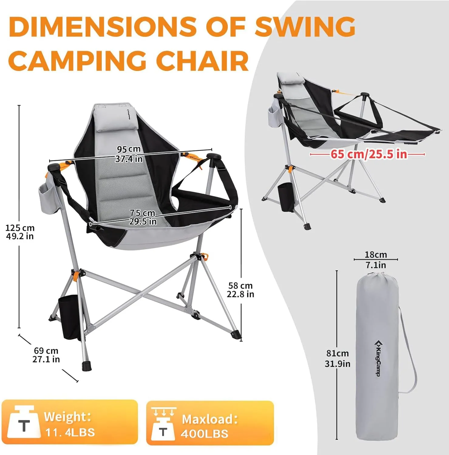 KingCamp Hammock Chair with Footrest, Swinging Portable Folding Camping Chairs for Adults 400lbs Heavy Duty Foldable Oversized Rocker with Cup Holder Pillow for Outdoor Beach Patio Sport Lawn